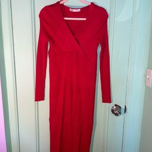 ZARA LONG SLEEVE MIDI RED DRESS